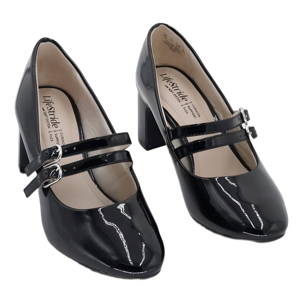LifeStride Almond Toe Mary Jane Block Heel Pump Patent Black US 5.5 EU 35.5 - Picture 1 of 6
